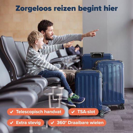 TRVLMORE Kofferset - 3 Delig - 45L Handbagage + 75L en 115L Ruimbagage - TSA Slot - Lichtgewicht - Reiskoffer set - Donkerblauw