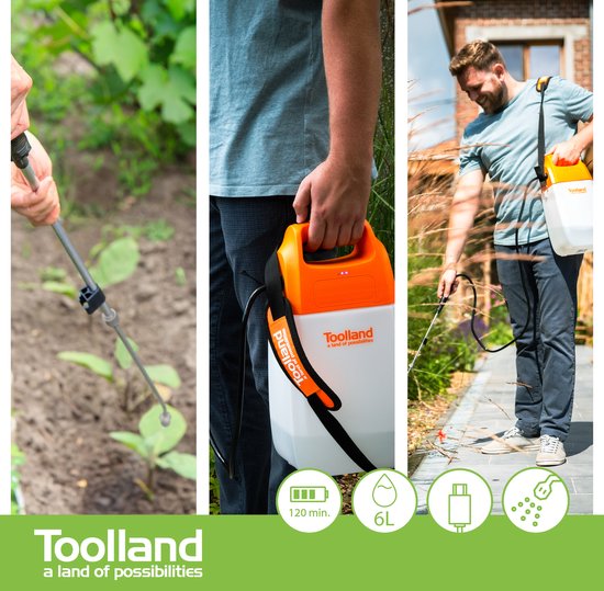Toolland Drukspuit, elektrisch, herlaadbare batterij, telescopische lans, regelbare sproeikop, schouderriem, 6 liter, wit/oranje/zwart