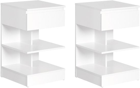 SoBuy Lot de 2 Bijzettafel, Nachtkastje met 1 Lade & 3 Legplanken, Scandinavisch Design Salontafel voor Woonkamer of Slaapkamer, Wit, 39x65x39cm, FBT49-Wx2