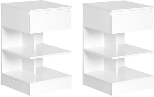 SoBuy Lot de 2 Bijzettafel, Nachtkastje met 1 Lade & 3 Legplanken, Scandinavisch Design Salontafel voor Woonkamer of Slaapkamer, Wit, 39x65x39cm, FBT49-Wx2