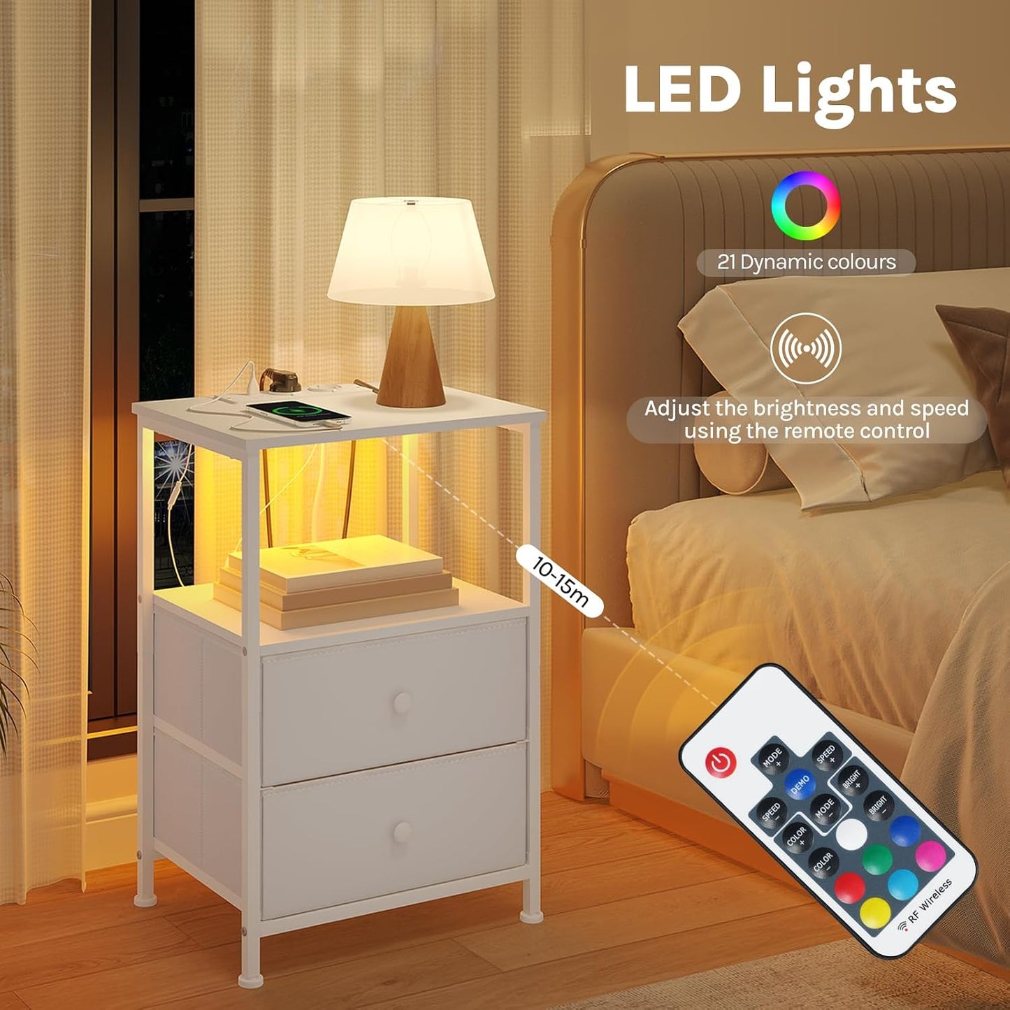 Woltu Nachtkastje met Stopcontact en Ledverlichting - Set van 2 - Wit - 40x30x60 cm