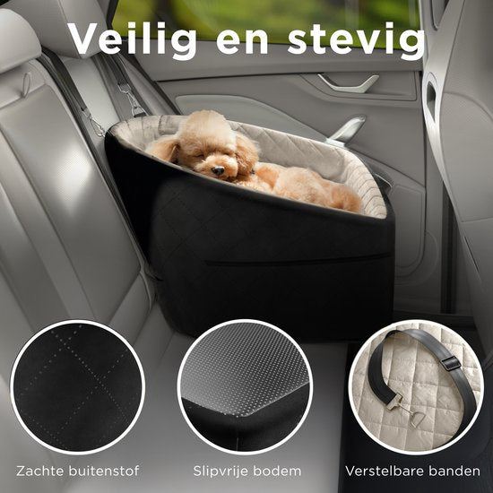 CozySense® Honden Autostoel - Veilige Hondenmand Auto voor Kleine Hond - Voorbank & Achterbank - Met Veiligheidsriem, Opbergvak & Wasbare Hoes - Zwart/Beige
