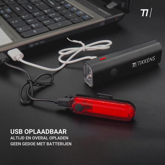 TIKKENS LED Fietsverlichting Set - Fietslamp USB Oplaadbaar - Fietslampjes Voorlicht & Achterlicht - MTB & Racefiets Verlichting - Waterdicht Fietslicht voor en achter