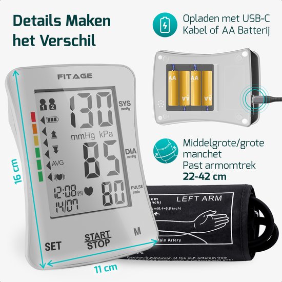 FITAGE Medische Bloeddrukmeter Bovenarm - Bloeddrukmeters - Hartslagmeter - Blood Pressure Monitor - Manchet 22-42cm - WIT