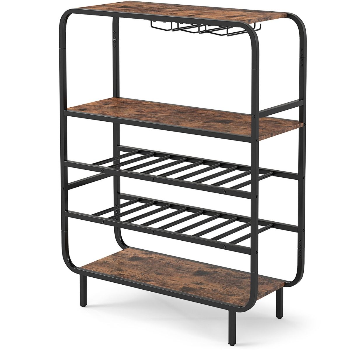 Coast Wijnrek - vijf lagen - glazenhouder en tafelblad - zwart en rustiek bruin - 91 x 35 x 117 cm