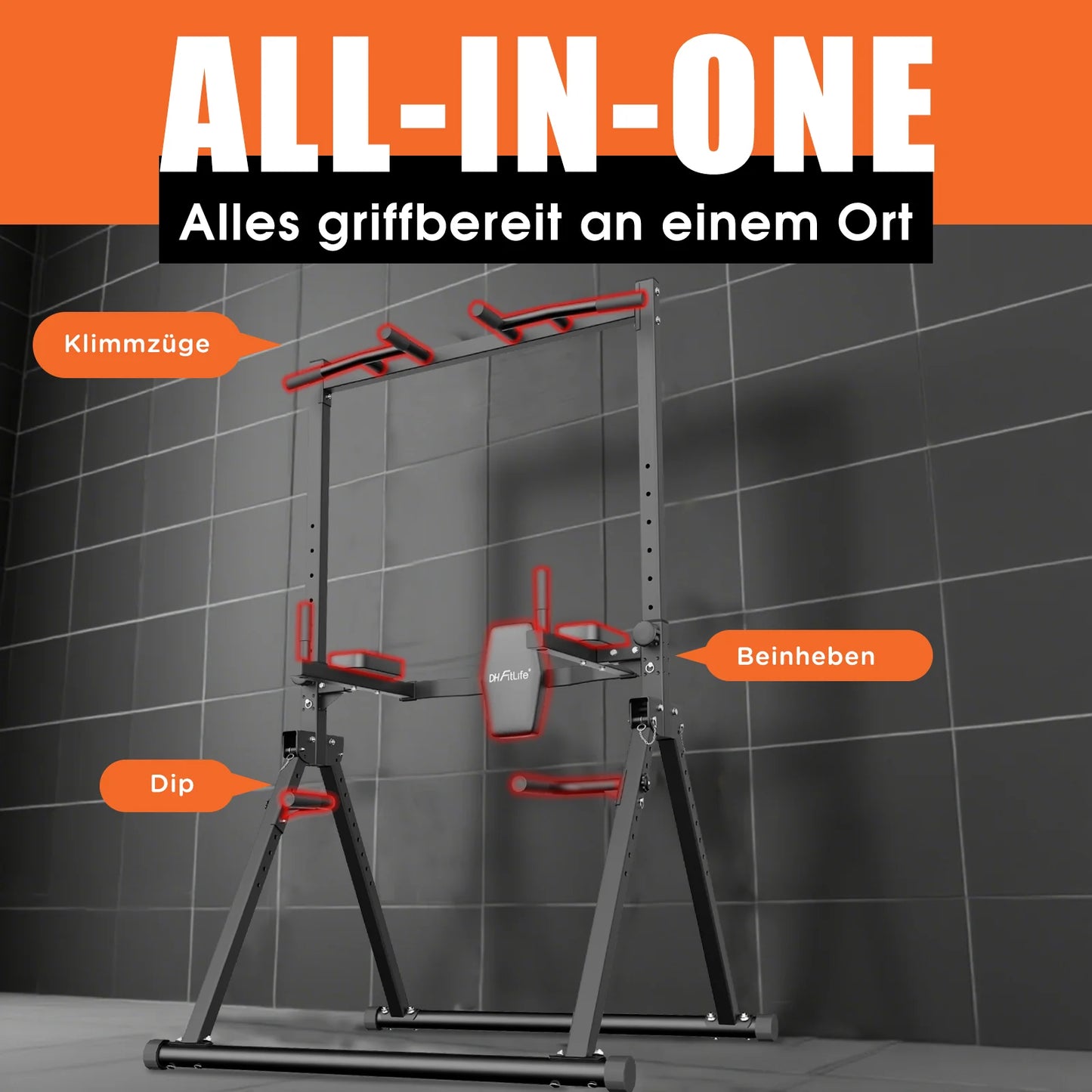 DH FitLife Opvouwbare Power Tower Dip Station – Vrijstaande Optrekstang tot 150 kg voor Thuisgym