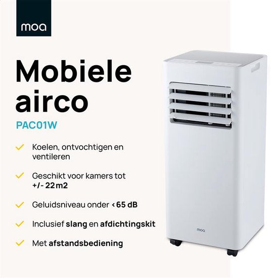 MOA Mobiele Airco - 7.000 BTU - Airconditioner - afstandsbediening - Energieklasse A - Raamafdichtingskits - tot 60 m³ koelen - Wit