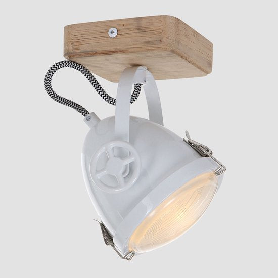 Plafondspot Michelle Wit - Draaibaar & Kantelbaar - Hout en Metaal - Mexlite - 20 cm Hoog, 11 cm Diameter