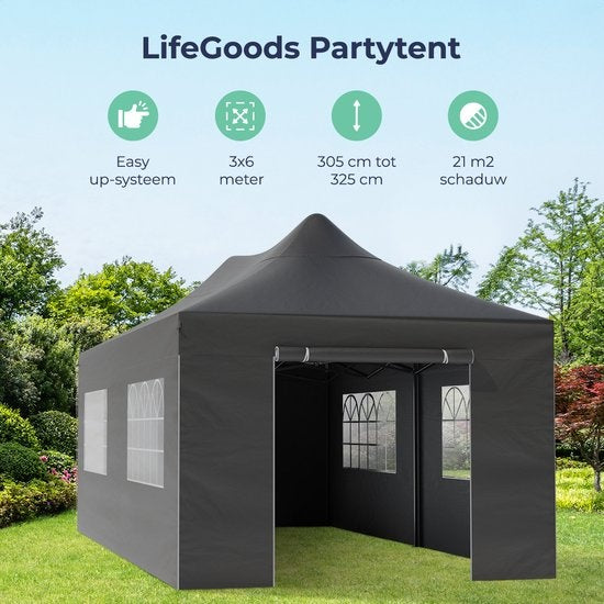 LifeGoods Partytent - Paviljoen - EasyUp - Opvouwbaar - 4 Zijwanden - Waterdicht - Met Draagtas met wieltjes - 300 x 600 cm - Antraciet