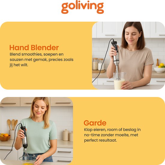 Goliving Staafmixer Set 5-in-1 - Hakmolen - Maatbeker - Garde - 1000W - Vaatwasserbestendige Accessoires - RVS - Zwart