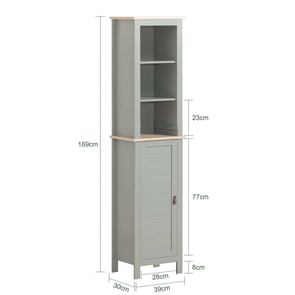 SoBuy Badkamer Kolomkast - 1 Deurs - 3 Planken - 39 x 30 x 169 cm - Grijs