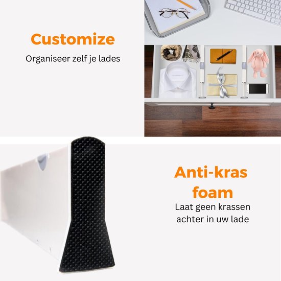 Posity Ladeverdeler - Verstelbaar & Uitschuifbaar - 4 Stuks - Lade Organizer - 38-54 cm - Voor Keuken, Slaapkamer & Kleding - Kunststof - Wit