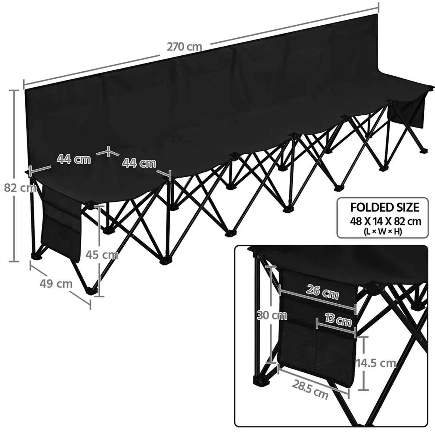 Yaheetech Campingbank Opvouwbaar 6-Persoons – 270 x 49 x 82 cm – Voorzien Van 600D Oxford-Stof En Draagtas En Zijvakken – Voor Sportteams En Evenementen – Zwart Metaal