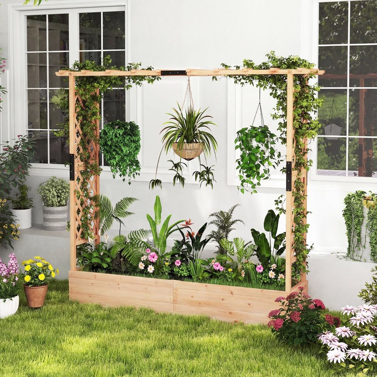 Coast Plantenbak met klimrek - verhoogde plantenbak - hangend dak - naturel hout - 196 x 44 x 182 cm