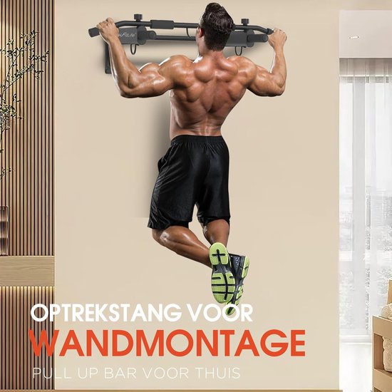 DH FitLife 4-in-1 optrekstang voor wandmontage met spreidplug, multifunctionele pull-up bar voor thuis tot 200 kg | 6 antislip handgrepen | 3 ogen voor bokszak & slingtrainer | veilig en stabiel