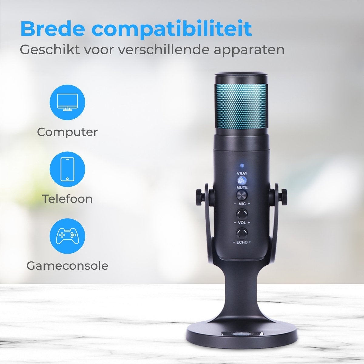 Nuvance - USB Microfoon met Standaard - voor PC en Gaming Microfoon - Streaming Microphone - RGB