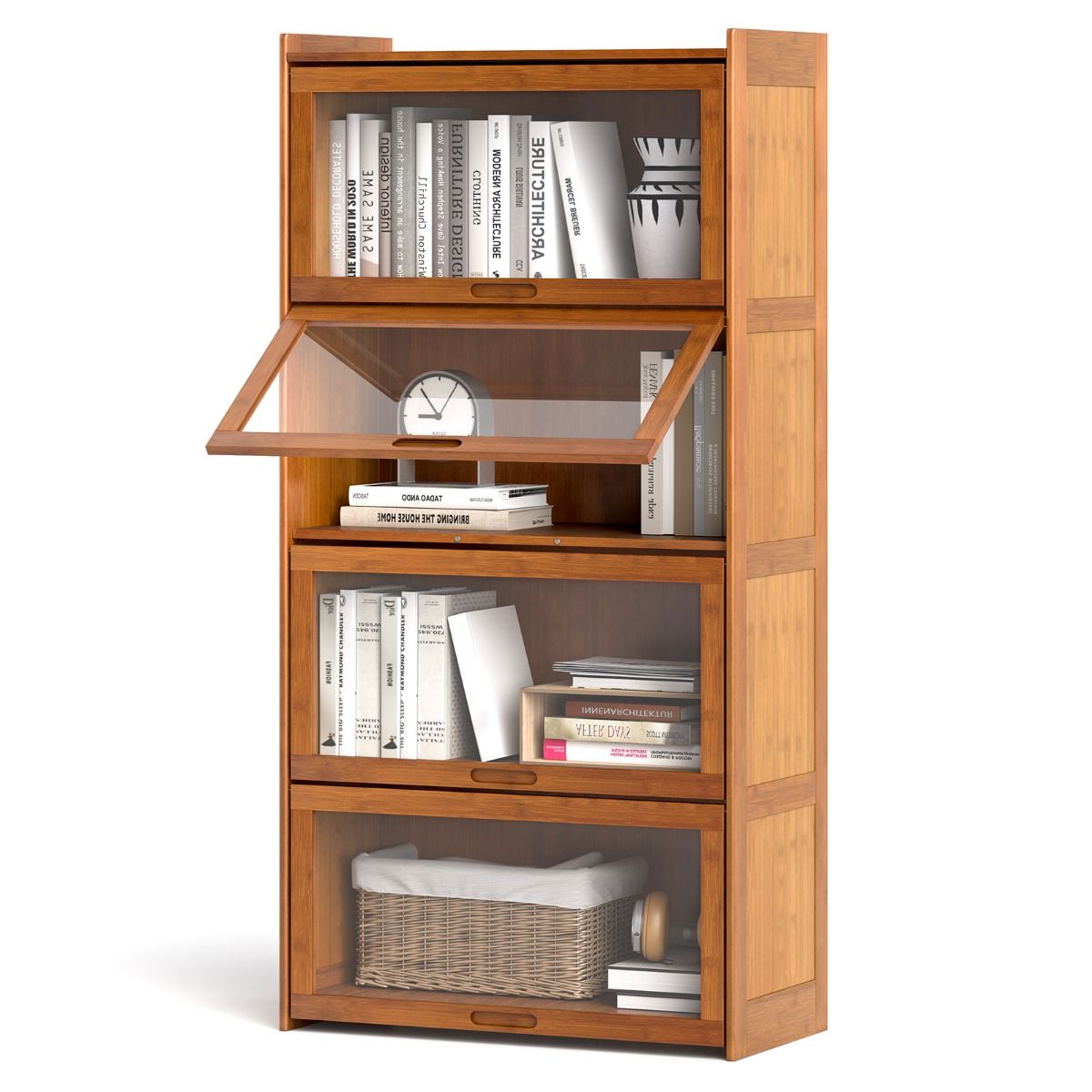 Coast Boekenkast met 4 Vakken - Bamboe - Klapdeuren van Acryl - 69 x 34 x 140 cm - Bruin/Naturel