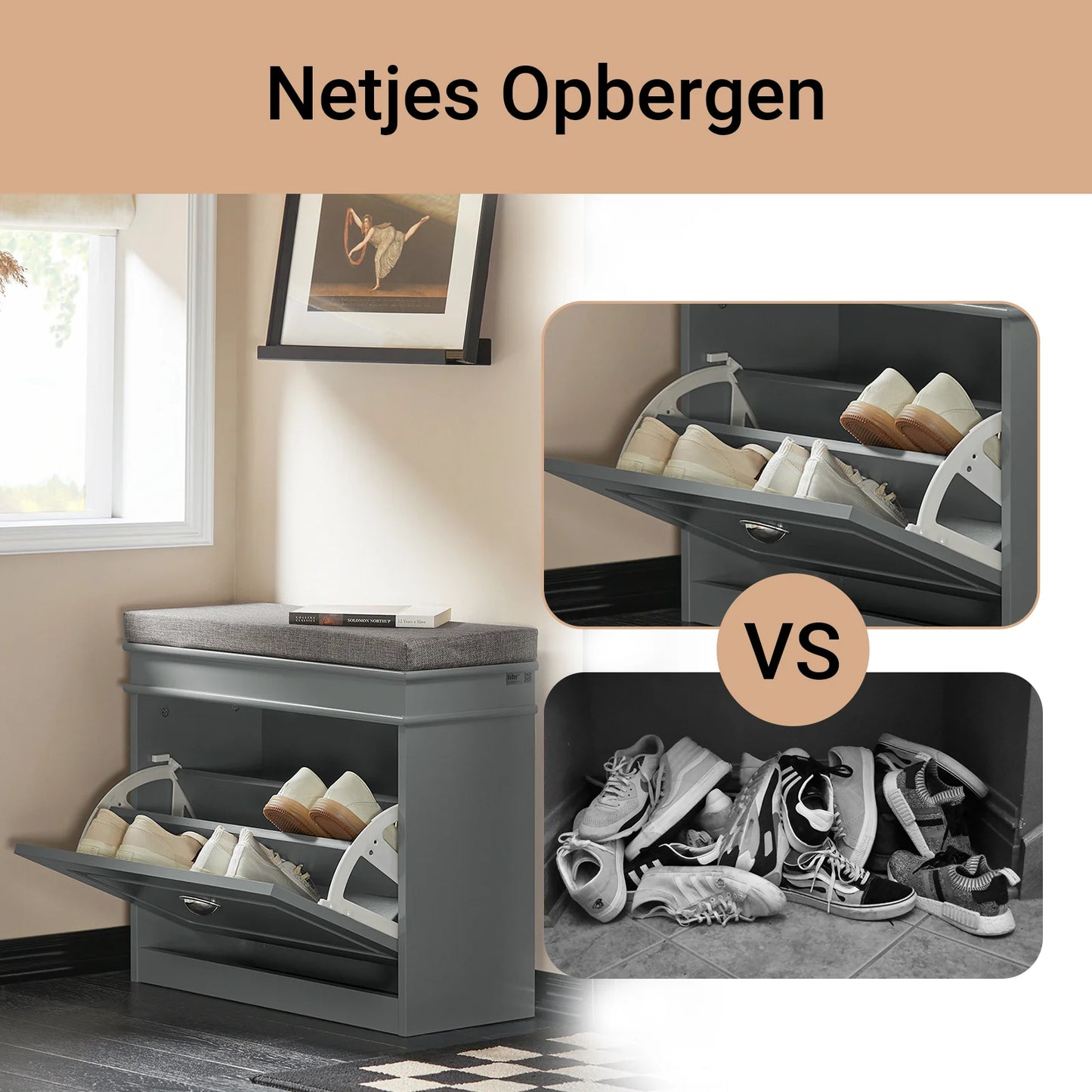 SoBuy FSR82-K-HG Grijze Entreebank met Klapdeur en Zitkussen – Schoenenopbergruimte 60×24×51 cm