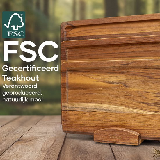 Villux Snijplank - Snijplankenset Met Houder - Snijplank Hout - Snijplanken - Snijplank Teakhout- Houten Snijplank - Snijplankenset - Tapasplank - Borrelplank - Serveerplank - Hapjesplank - Inclusief eBook - 3 Stuks - Teakhout