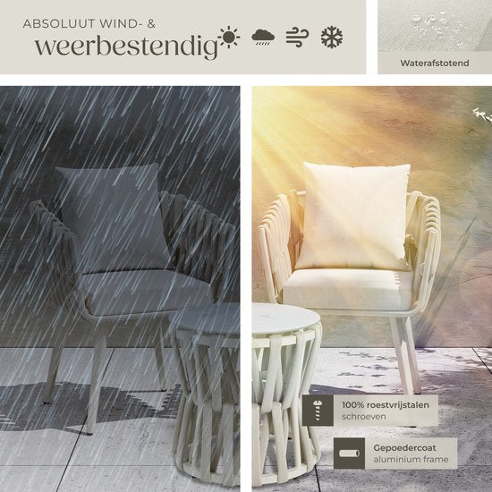 tectake® Tuinset Lugano - Tuinstoel - Loungestoel met Bijzettafel - Buitenstoel in Rope-Design met Aluminium Frame - Buiten Fauteuil met Dikke Kussens - Loungeset voor Tuin of Balkon - Terrasstoel - UV- en Weerbestendig - Beige