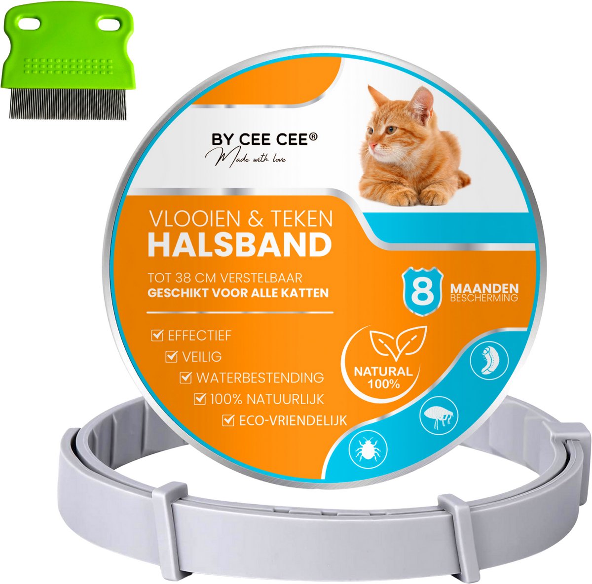 Vlooienband Kat Effectief Tegen Vlooien En Teken - Vlooienmiddel - Beter Dan Vlooiendruppels - Grijs - Incl. Vlooienkam - Organic