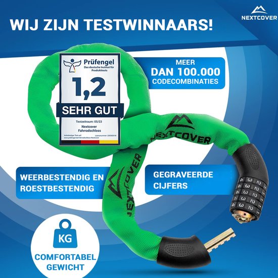 NEXTCOVER® Cijferslot Fietsslot - Het origineel - [SAFESECURE] Hoge veiligheid - Fietssloten met 5-cijferige cijfercode, cijferslot fiets staal - Fietsslot perfect voor e-bike - Kettingslot Groente