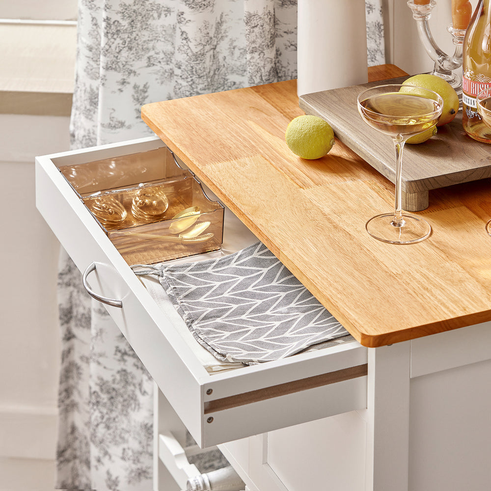 SoBuy Keukenwagen met 1 lade, 3 deuren & 3 wijn opbergplanken - Max. 30KG - 67 x 87 x 37 cm - Wit