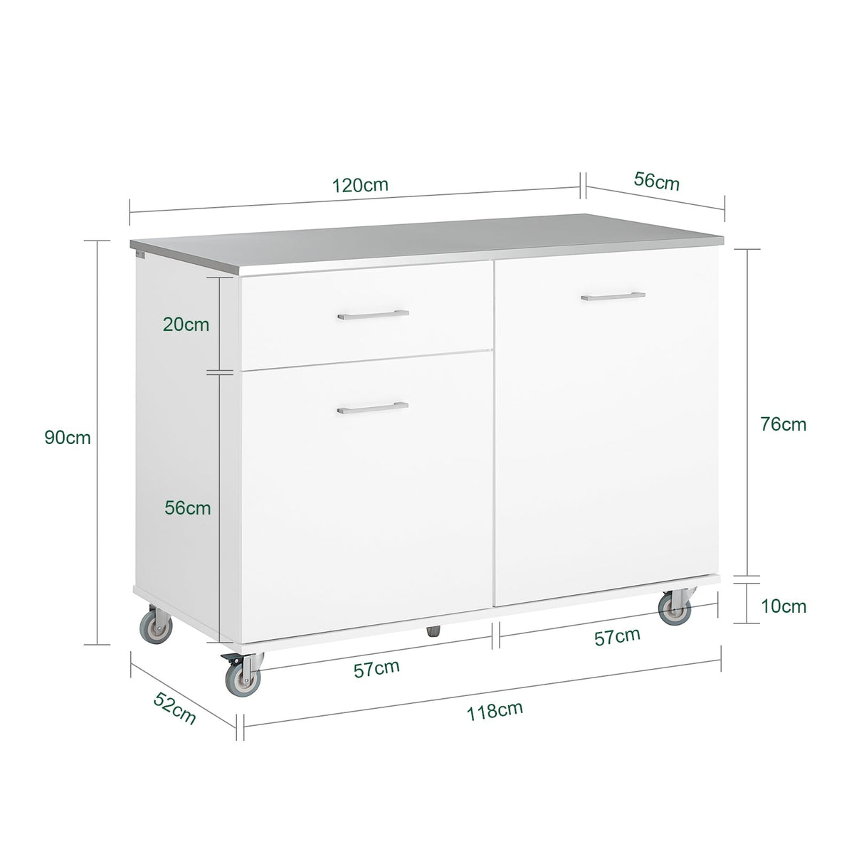 SoBuy Keukenkast op wielen - 2 Kasten en 1 Lade - 120 x 56 x 90 cm - RVS Blad - Wit