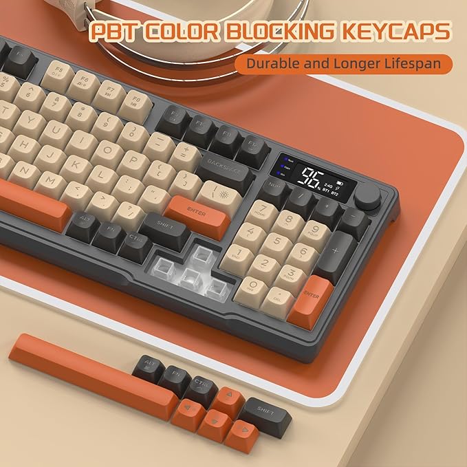 FREEWOLF M96 Draadloos Gaming Toetsenbord, Knop Bediening Bluetooth/2.4G Draadloos Mechanisch Gevoel Toetsenbord, RGB LED-Backlit met scherm, PBT Keycap, 3000mAh, US Layout voor Win/Mac-Flikkering