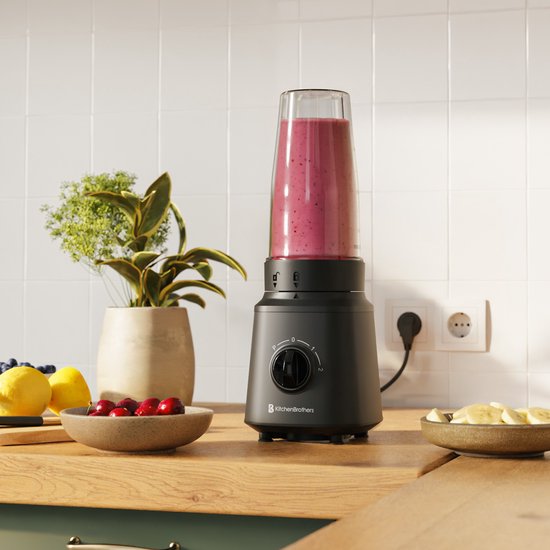 KitchenBrothers Blender - Complete Set - 2x 750ml Kan - Grinder - Stamper - To-Go Bekers - Zwart