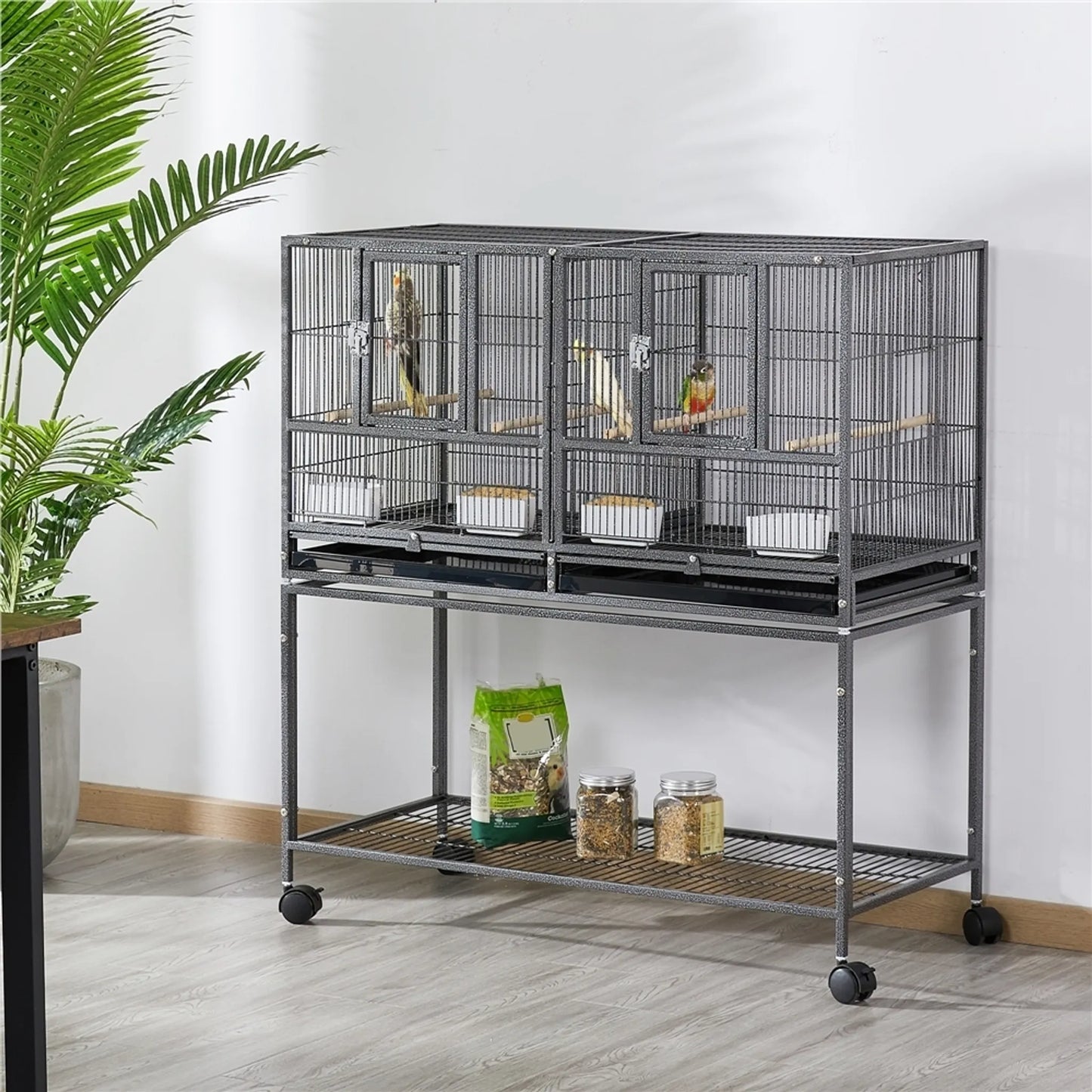 Yaheetech Vogelkooi Met Tussenschot – Voorzien Van Verwijderbare Standaard En Vier Zitstokken En Opbergvak – Voor Kanaries En Parkieten – Zwart Gelakt Metaal En Hout – 95,5 x 45,5 x 105 cm