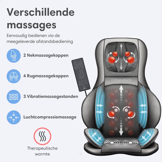 Lifeproducts Elektrische Shiatsu Massagestoel & Kussen - Verwarmingsfunctie – 83,5 x 53 x 21 cm – Grijs