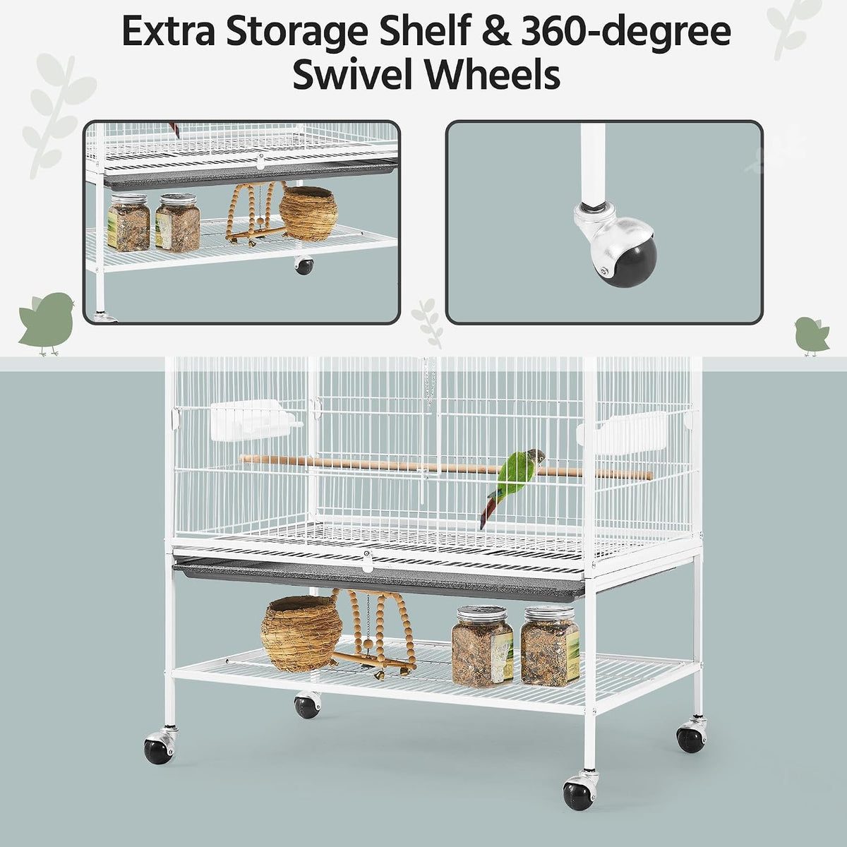Yaheetech Vogelkooi met Standaard – 79 × 51,8 × 132 cm – Wit – Parkietenkooi met Wielen, 3 Houten Zitstokken en 4 Voederbakken