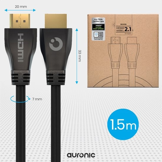 Auronic HDMI Ultra High Speed 2.1 Kabel - Ethernet - Male to Male Cable - Zwart - 1.5 meter