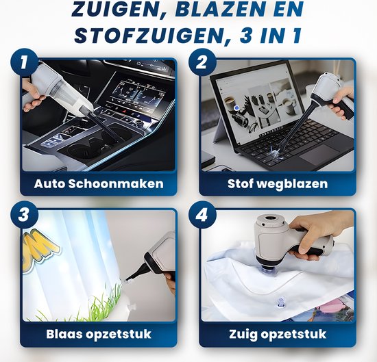 HomeShift® Auto Stofzuiger Draadloos V2 - Kruimelzuiger - Handstofzuiger - Kleine Stofzuiger - Draadloze stofzuiger - Air Duster - Nat & Droog - Grijs