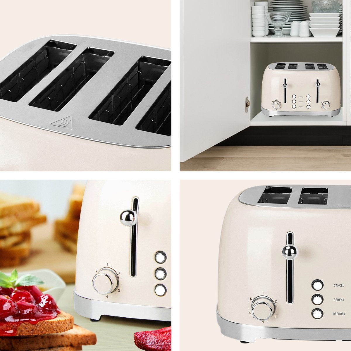 KitchenBrothers Retro Broodrooster - Toaster - 6 Warmteniveaus - 4 Extra Brede Sleuven - 1630W - Beige
