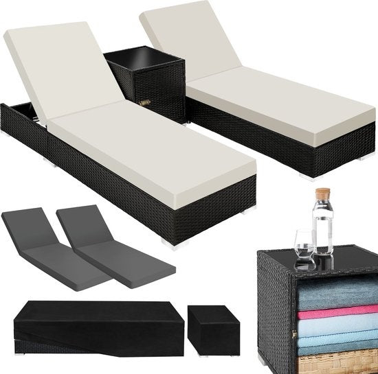 Tectake 2 luxe ligbedden met bijzettafel - Zwart - Inclusief beschermhoes - 401500
