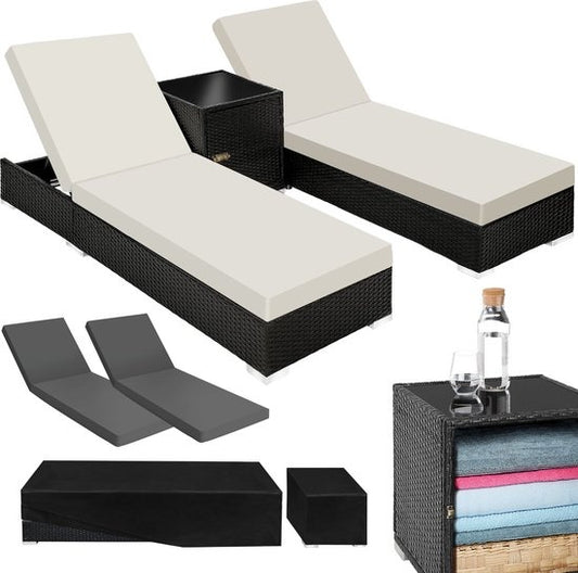 Tectake 2 luxe ligbedden met bijzettafel - Zwart - Inclusief beschermhoes - 401500