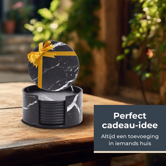 Castagnola Kunstlederen Onderzetters – Onderzetters voor Glazen – Design Onderzetters met Houder – Leren Onderzettersset – Leder – Set van 10 – Marmer look - Zwart/Wit