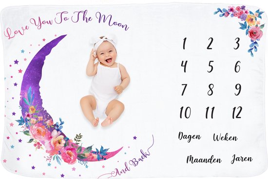 Frummel Mijlpaaldeken ‘Roze Maan’ – Baby Mijlpaaldeken – Kraamcadeau – 100×150 cm