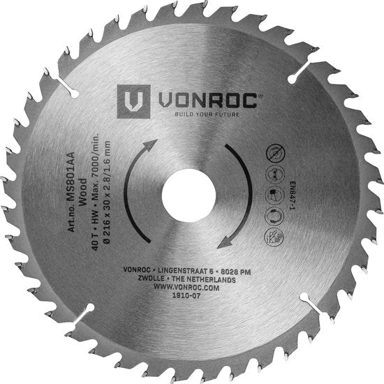 VONROC Zaagblad – Ø216MM – 40 tanden – voor hout – geschikt voor afkortzagen & tafelzagen