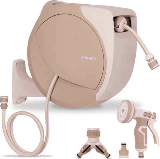VONROC Automatische tuinslanghaspel – tuinslangbox voor aan de muur – Incl. 30m premium tuinslang, 8-standen sproeipistool en koppelingen – beige
