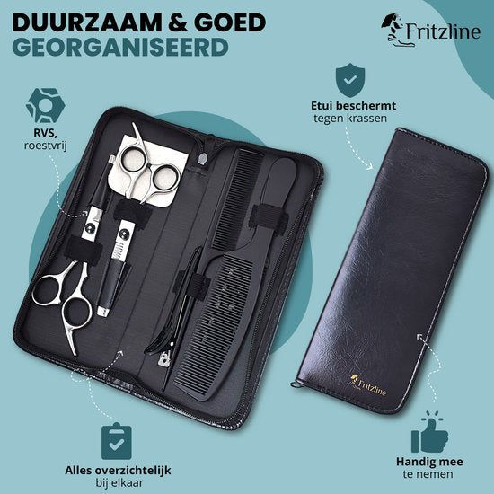 Fritzline 9-delige Kappersset - Kappersscharen - Kappersmantel - haar schaar - kapper - schaar kapper - uitdunschaar - uitdunschaar kapper - professionele kappersset - kappersmantel - kapmantel - kapper spullen