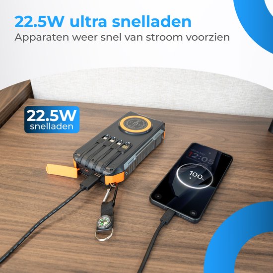 Nuvance Solar Powerbank 20000mAh - 22.5W Snellader - USB C & USB A - 4x Ingebouwde Kabels - Draadloze Powerbank 15W - Noodpakket - Powerbank Zonneenergie