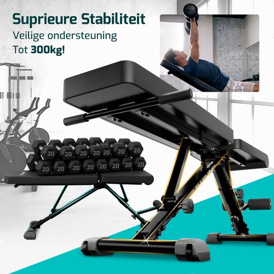 FITAGE Fitnessbank - Fitness Halterbank tot 300KG - Verstelbaar - Inklapbaar - Zwart