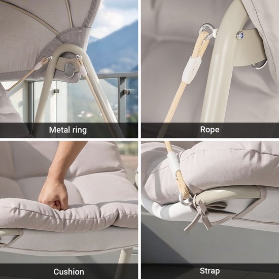 SoBuy OGS62-MI Schommelstoel met verstelbare parasol - Voor Binnen en Buiten - hangmat en Tuinstoel voor buiten - beige, 108 x 126 x 163 cm