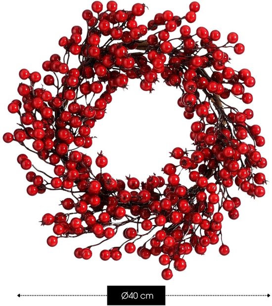 Mica Decorations Kerstkrans met Rode Besjes - Kerstversiering voor Kerst - Deurkrans voor Binnen - Feestelijke Kerstdecoratie van Foam - Diameter 40 x Hoogte 10 cm - Rood