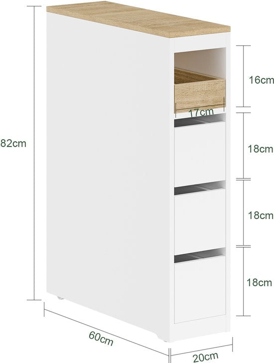 SoBuy Toiletkast 20 cm, badkamerkast met 3 laden, kleine toiletpapierkast, mobiele plank voor badkamer, toilet en keuken, wit, 60 x 20 x 82,3 cm