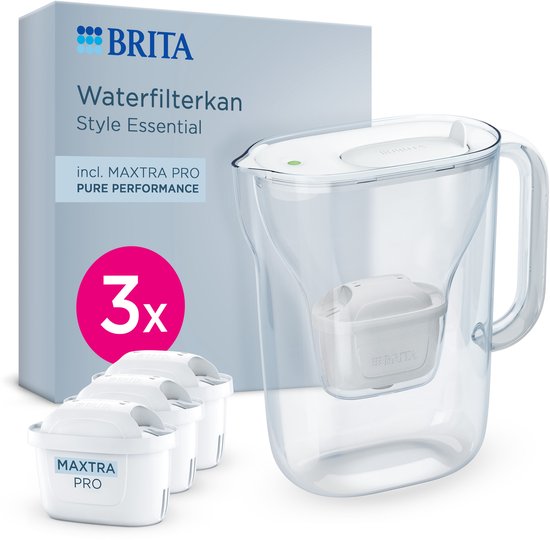 BRITA Waterfilterkan Style Essential Cool - 2,4L - Wit - incl. 3x MAXTRA PRO Pure Performance Waterfilterpatronen - past in de koelkast, met Smart LED Light & klapdeksel
