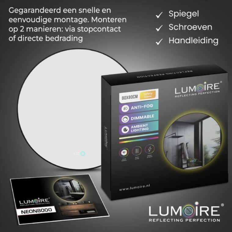 Lumoire Neon 8000 Spiegel met Verlichting - Zwarte Rand - Ø 80 cm - Rond, Anticondens, Klok